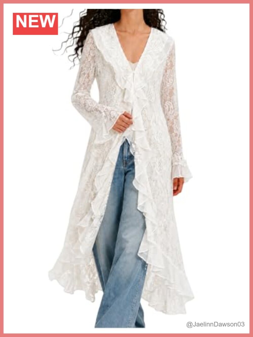 Lace Maxi Cardigan Bell Sleeve Ruffled Open Front Tie Cover Up